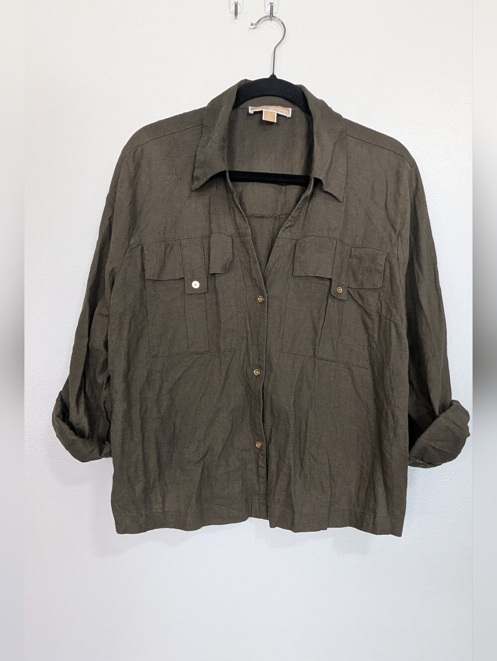 MICHAEL Michael Kors Size XL Olive Green Linen Blend Utility Button Up Shirt